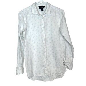 Cynthia Rowley White Linen Button down Shirt dainty Blue floral Print Top XS